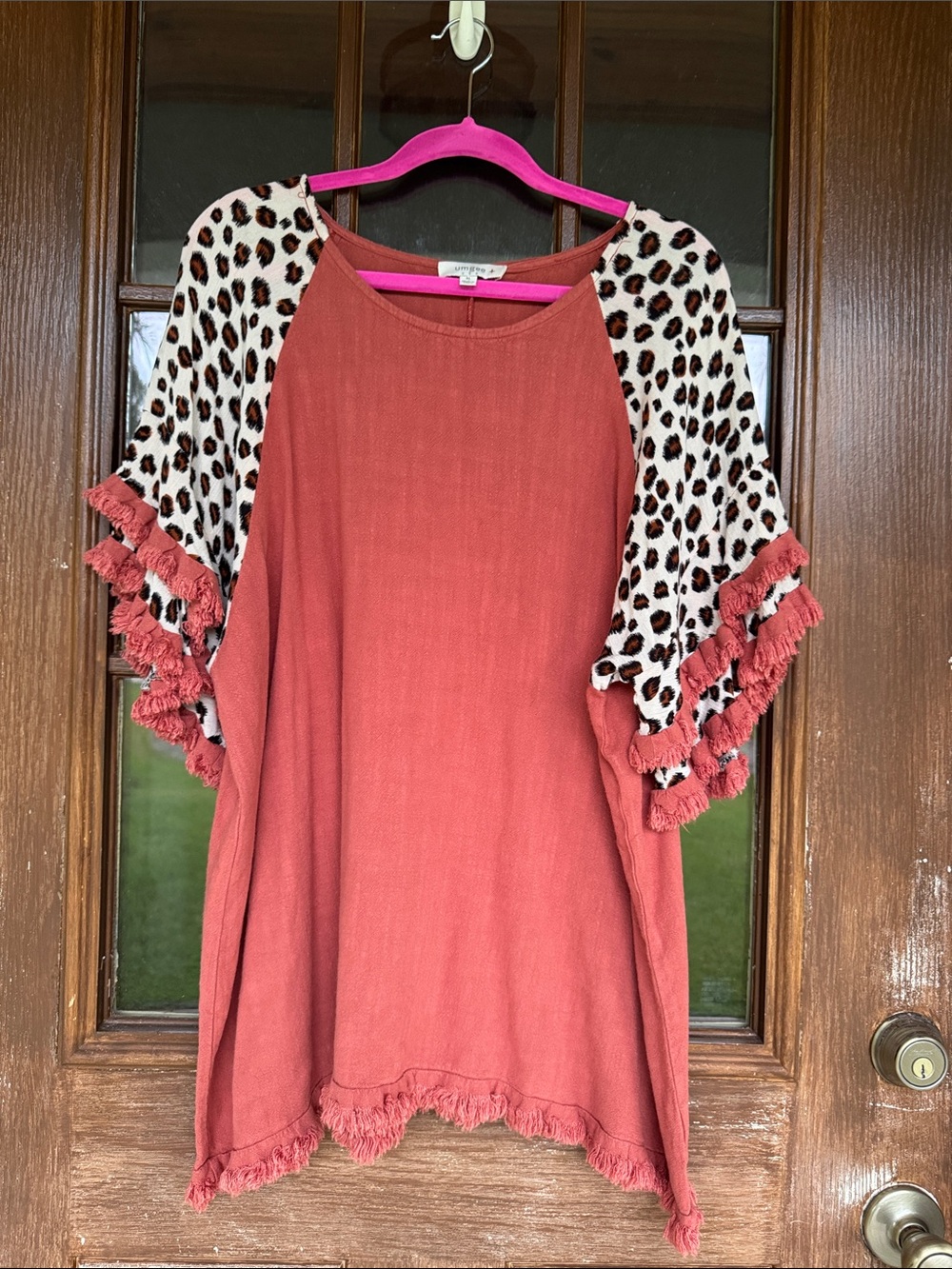 Umgee Rust Tunic with Leopard-Print Sleeves and Fringe